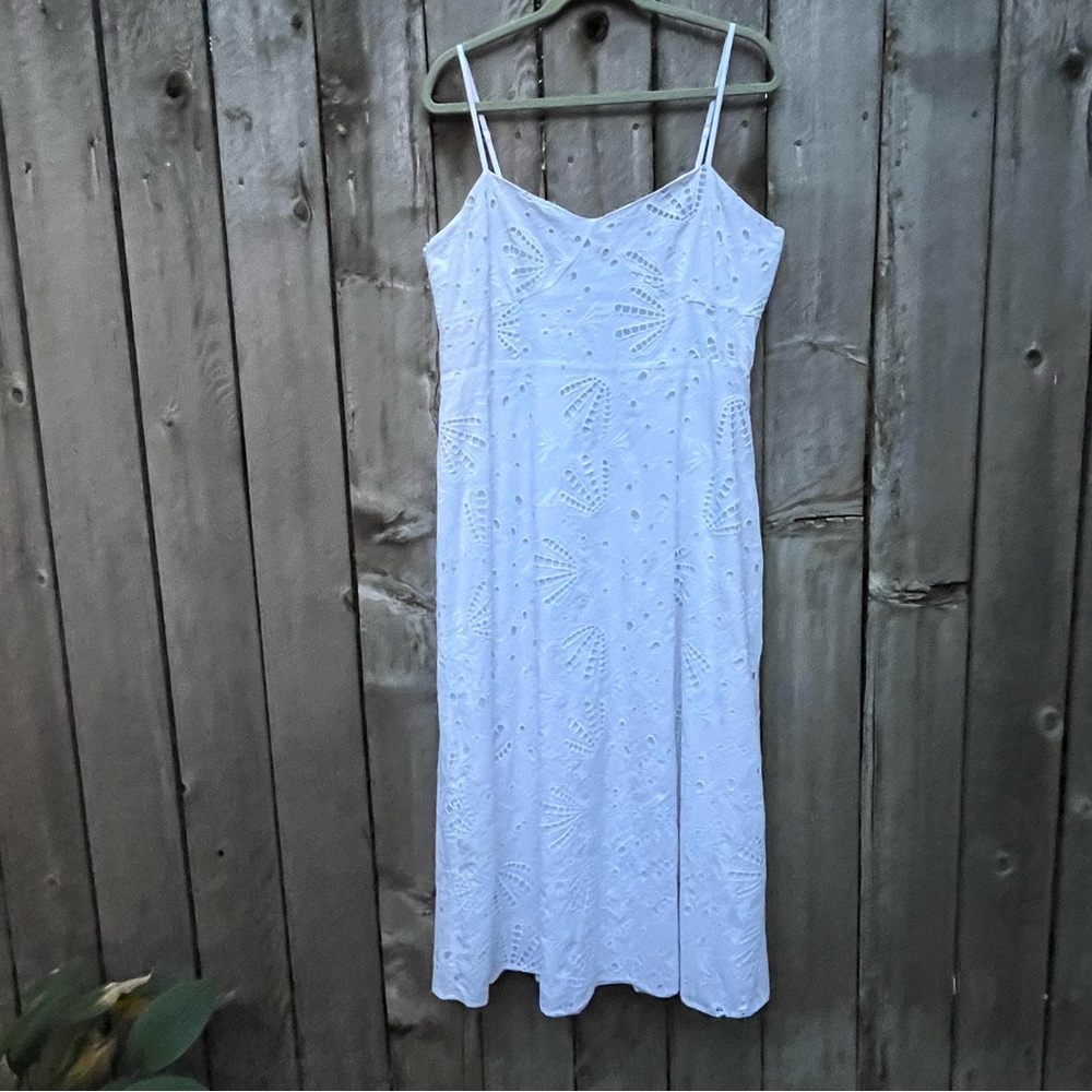 LOFT NWT White Shell Eyelet Cotton Smocking Spaghetti Strap Midi Dress Size 14 - Picture 3 of 10
